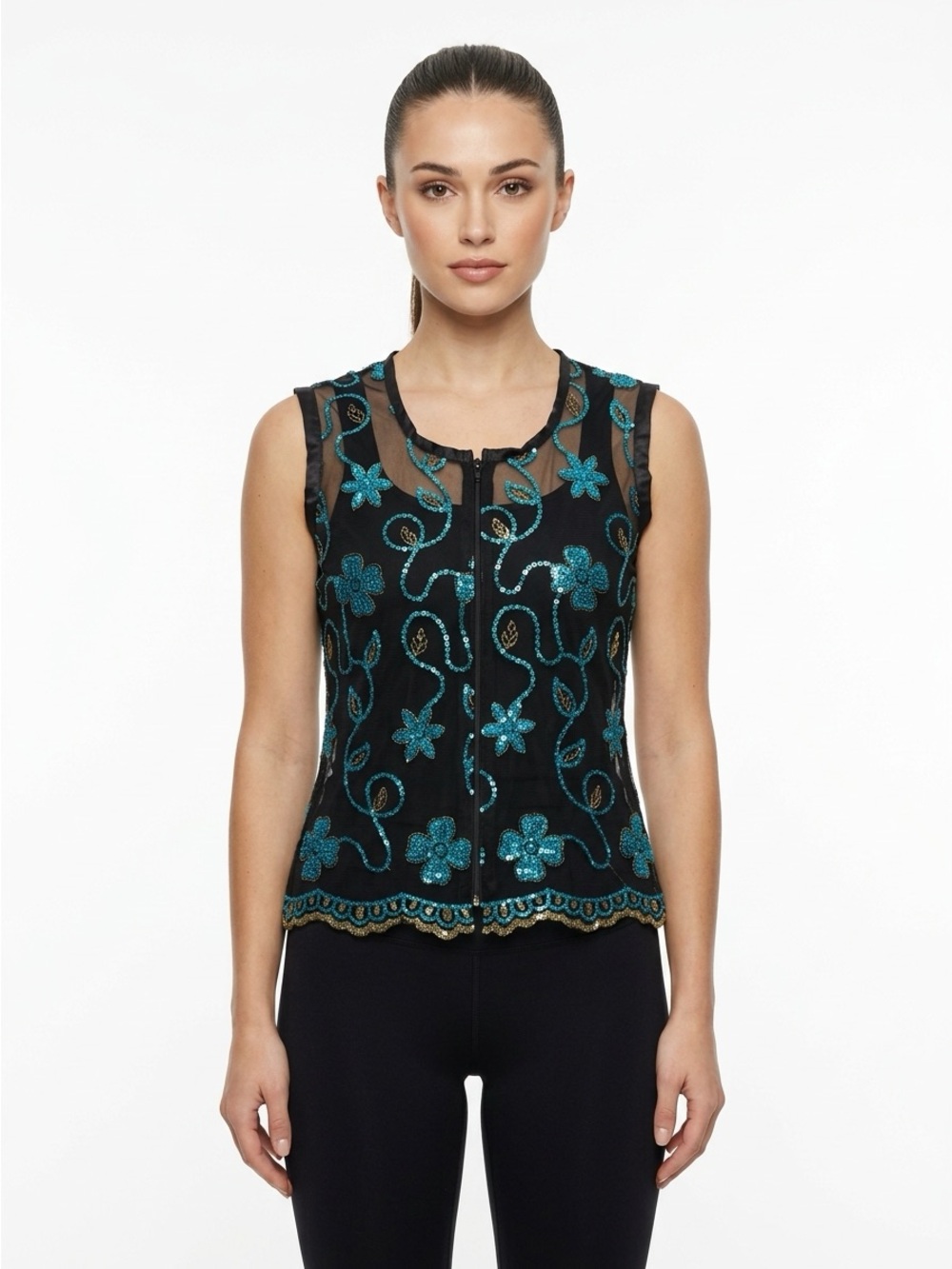 Royal Highness Equestrian Sequin Floral Mesh Zip Vest Black Blue M